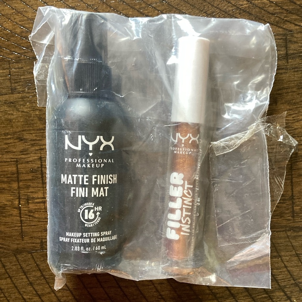 NYX makeup Matte Finish setting spray and Filler Instinct lip gloss